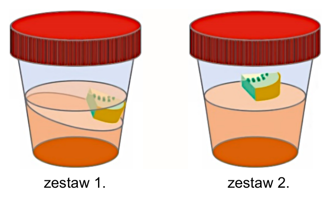 Rysunki pojemników z wynikami doświadczenia, podpisane „zestaw 1.” i „zestaw 2.”.
