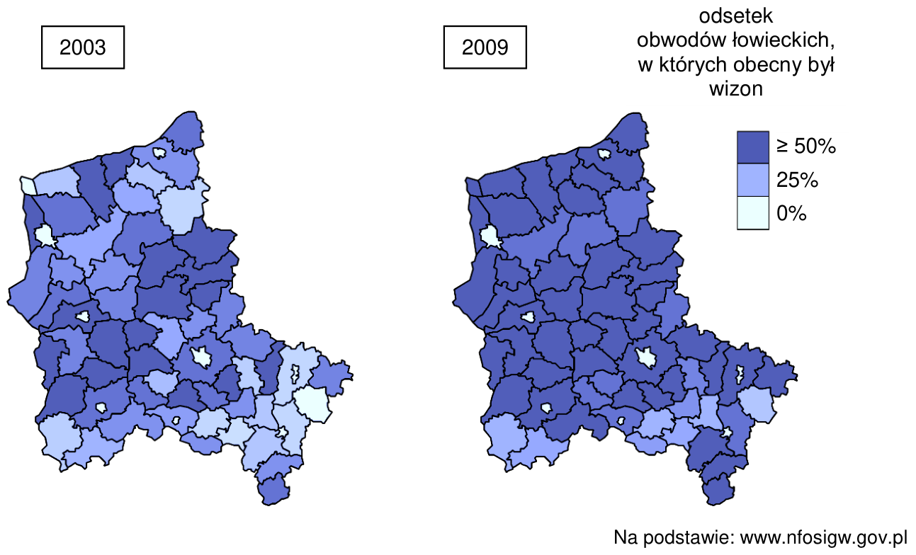 Mapy powiatów północno-zachodniej Polski z lat 2003 i 2009 oraz legenda odsetka obwodów łowieckich, w których obecny był wizon: ≥ 50%, 25%, 0%.