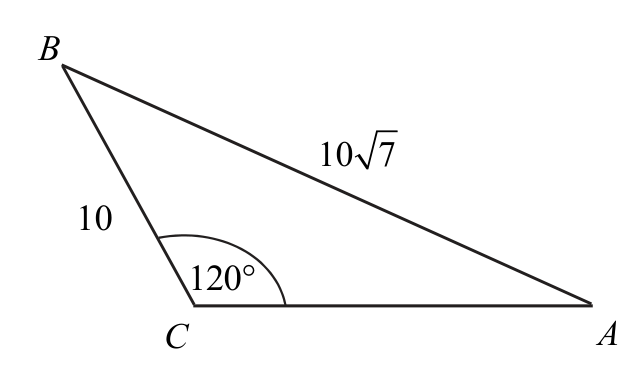 Trójkąt ABC z kątem ACB równym 120°, bokiem BC oznaczonym 10 i bokiem AB oznaczonym 10√7.