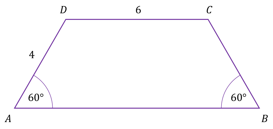 Trapez równoramienny ABCD. Podstawa CD ma oznaczenie 6, ramię AD ma oznaczenie 4, a kąty przy A i B mają oznaczenia 60°.