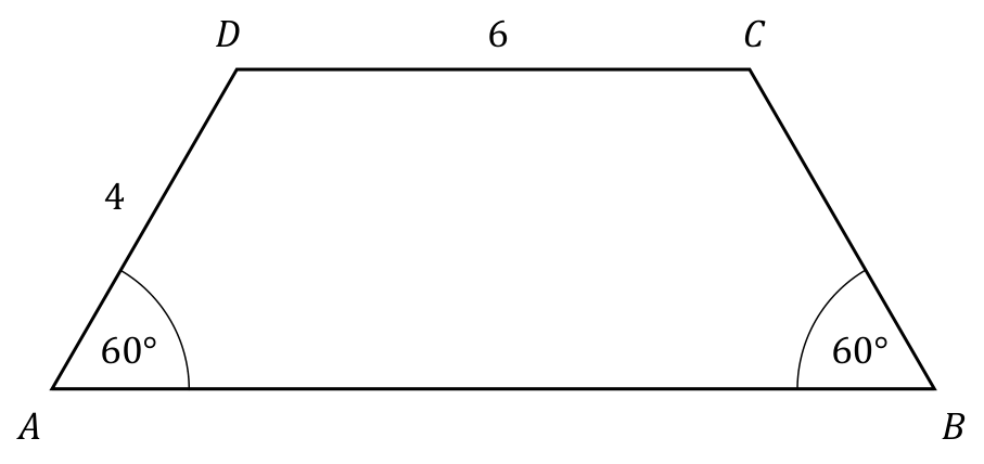 Trapez równoramienny ABCD z oznaczeniami: CD = 6, AD = 4 oraz kąty przy podstawie AB po 60°.