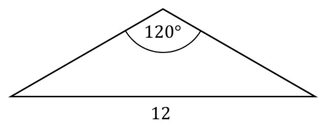 Trójkąt równoramienny z kątem przy wierzchołku oznaczonym 120° i podstawą oznaczoną 12.