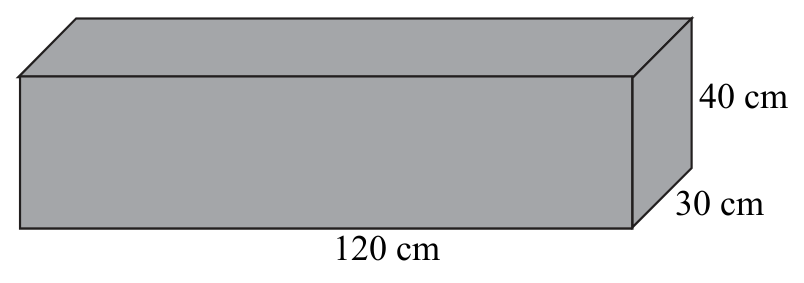 Prostopadłościan z oznaczonymi wymiarami 120 cm, 40 cm i 30 cm.