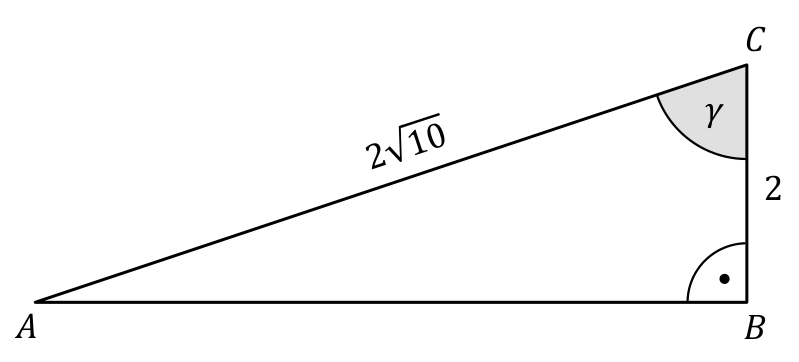 Trójkąt prostokątny ABC z kątem prostym przy B, kątem γ przy C oraz oznaczeniami długości AC = 2√10 i BC = 2.
