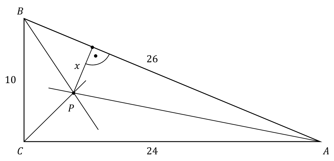 Trójkąt prostokątny ABC z oznaczeniami boków BC = 10, CA = 24 i AB = 26. Dwusieczne kątów przecinają się w punkcie P; odległość punktu P od boku AB oznaczono x.