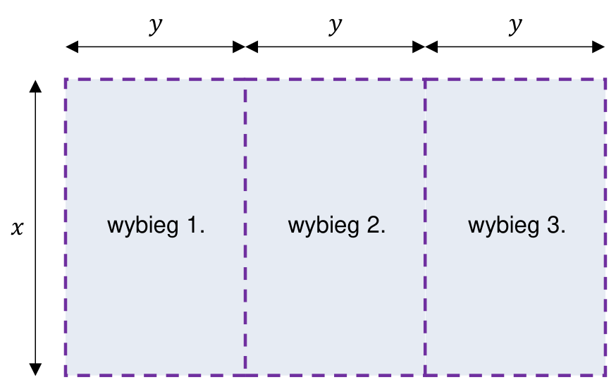 Schemat trzech sąsiadujących prostokątnych wybiegów. Wspólną wysokość oznaczono x, a szerokość każdego wybiegu y. Linia przerywana oznacza siatkę, także na dwóch ścianach wewnętrznych.