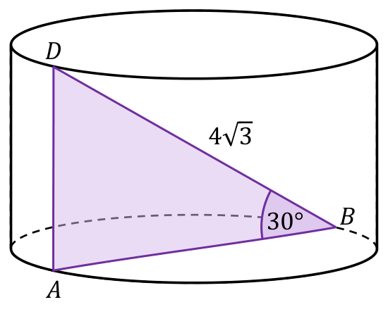 Walec z zaznaczonym trójkątem ABD. AD jest wysokością walca, AB średnicą podstawy, BD ma długość \(4\sqrt{3}\), a kąt ABD ma miarę \(30^\circ\).