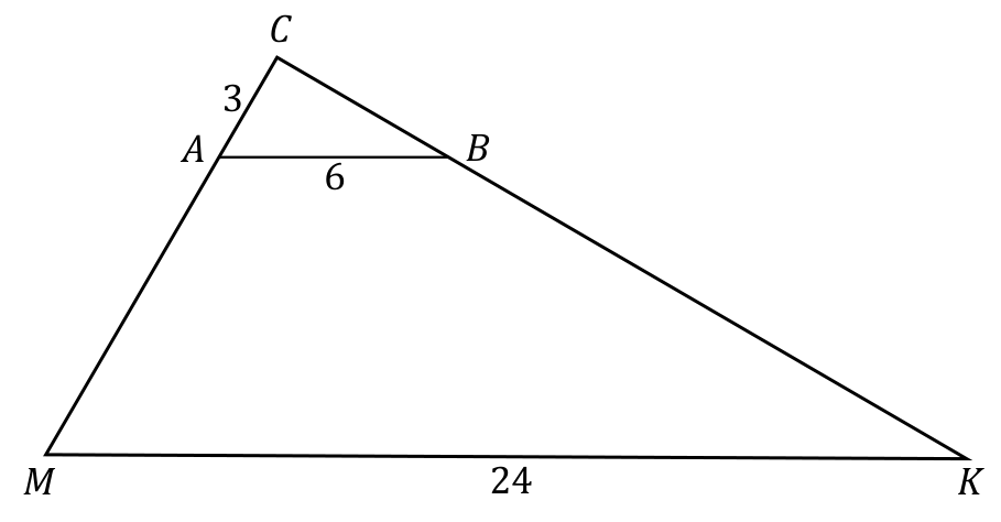 Trójkąt MKC z odcinkiem AB równoległym do boku MK; oznaczono AC=3, AB=6 i MK=24.