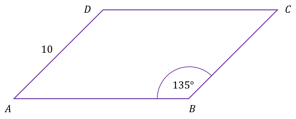 Równoległobok ABCD z bokiem AD oznaczonym jako 10 i kątem ABC oznaczonym jako 135°.