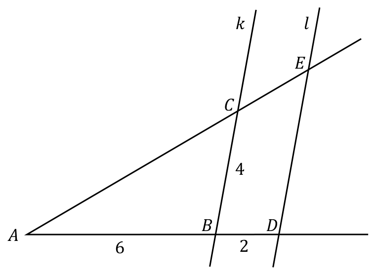 Rysunek kąta o wierzchołku A przeciętego równoległymi prostymi k i l. Na ramionach zaznaczono punkty B, C, D, E oraz długości AB = 6, BC = 4 i BD = 2.