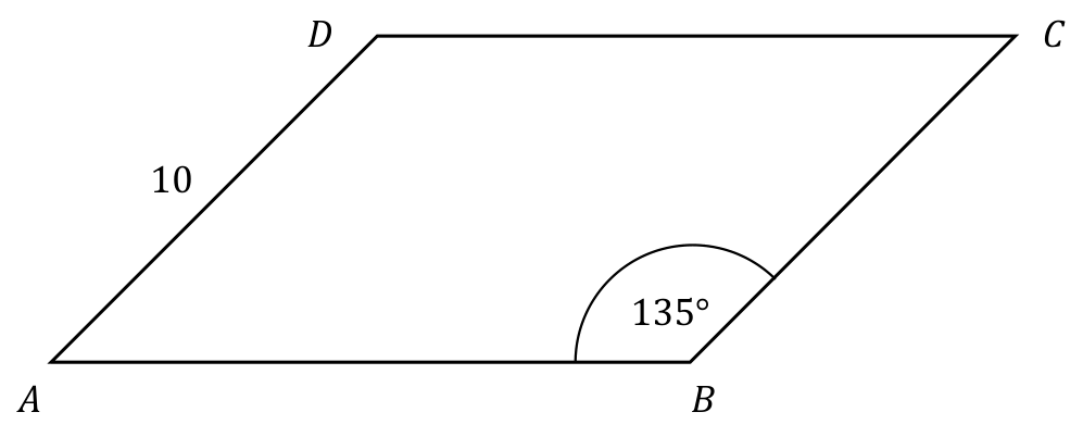 Równoległobok ABCD z oznaczoną długością boku AD równą 10 i kątem ABC równym 135°.