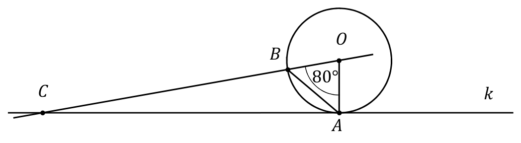 Okrąg o środku O styczny do prostej k w punkcie A; punkty C, B i O leżą na jednej prostej, a kąt AOB ma 80°.
