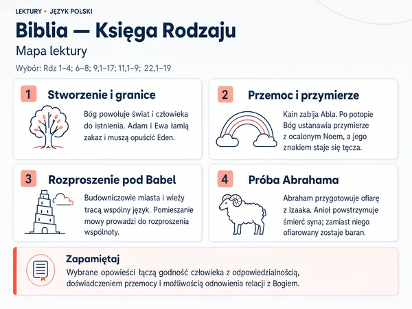 Mapa wybranych fragmentów Księgi Rodzaju: stworzenie, opuszczenie Edenu, przemoc, przymierze z Noem, Babel i próba Abrahama.