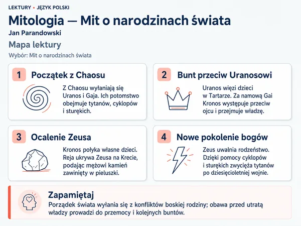 Mapa lektury „Mitologia — Mit o narodzinach świata”. Początek z Chaosu; Bunt przeciw Uranosowi; Ocalenie Zeusa; Nowe pokolenie bogów.