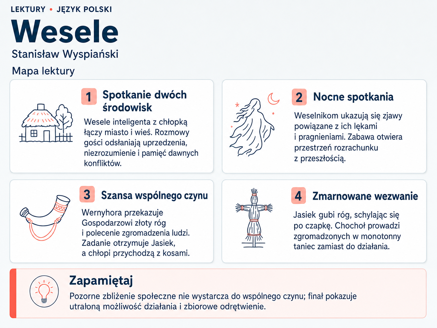 Mapa lektury „Wesele”. Spotkanie dwóch środowisk; Nocne spotkania; Szansa wspólnego czynu; Zmarnowane wezwanie.