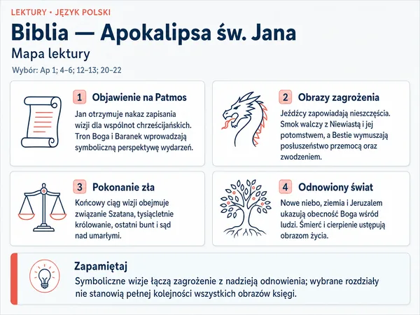 Mapa lektury „Biblia — Apokalipsa św. Jana”. Objawienie na Patmos; Obrazy zagrożenia; Pokonanie zła; Odnowiony świat.